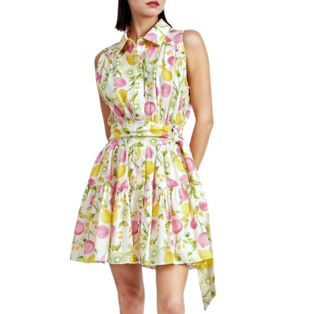 NEW Cynthia Rowley Colorful Fruit Print Linen Blend Collared Belted Sun Dress
